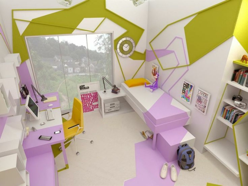 youth room furnishing ideas modern stylish purple green bed learning corner