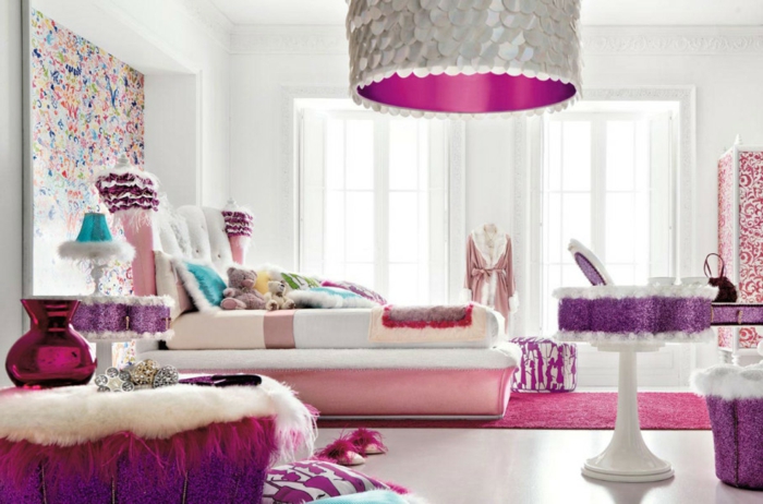 sala de juventud para niñas moda acentos de color rosa púrpura acento pared