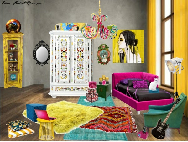 تصميم غرفة الشباب الحديثة على غرار السجاجيد الملونة السرير الجدار الديكور الثريا
