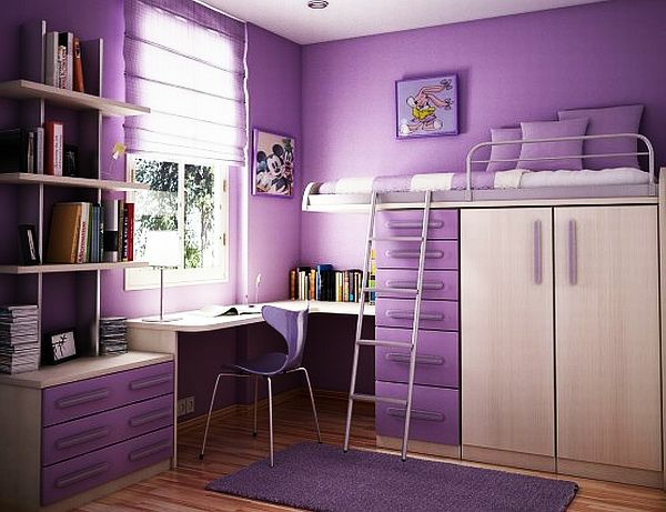 青春室女孩紫色墙壁设计双层床