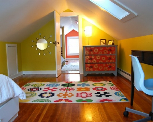 youth room with sloping yellow carpet bed closet