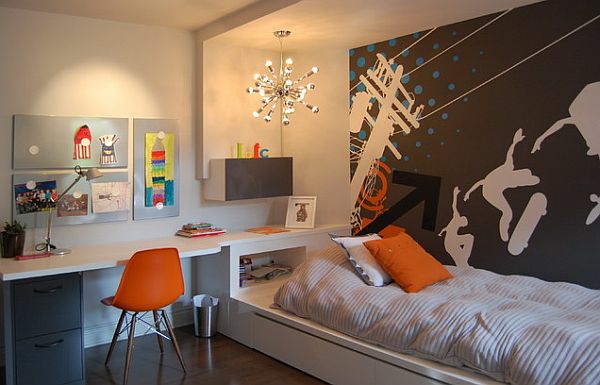værelse design seng wall deco skrivebord