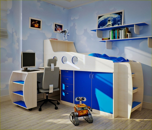 berniukai kambario dizainas funkcionalus aukštas lovas atviras sienos lentynas
