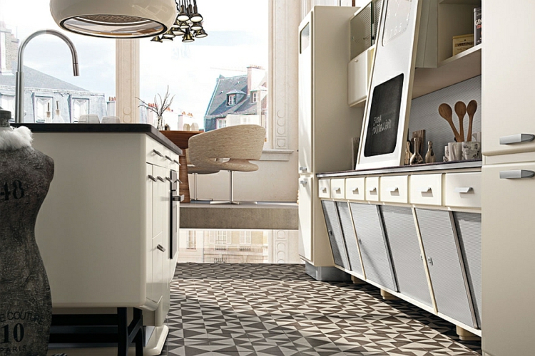 virtuvės dizainas virtuvė sala retro derlius linoleumo grindys 50s stilius