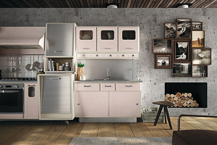 Virtuvės dizaino virtuvės spintelės retro stiliaus darbinės paviršiaus viryklės sienos betono optika