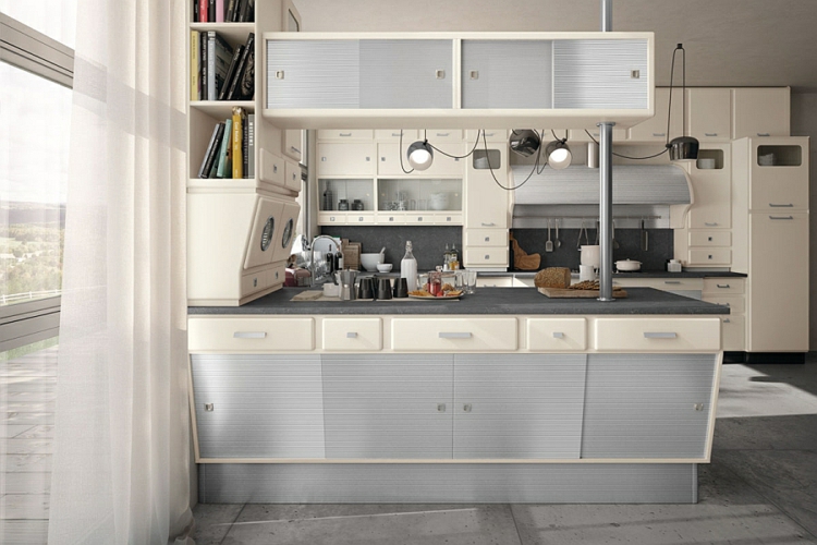 kitchen design retro style peninsula cabinets sliding concrete slabs floor