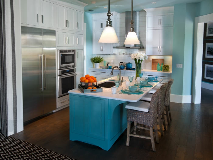 σχεδιασμός τοίχου κουζίνα μπλε κουζινών νησί χαλί δρομέας γαλάζιο χρώμα τοίχου