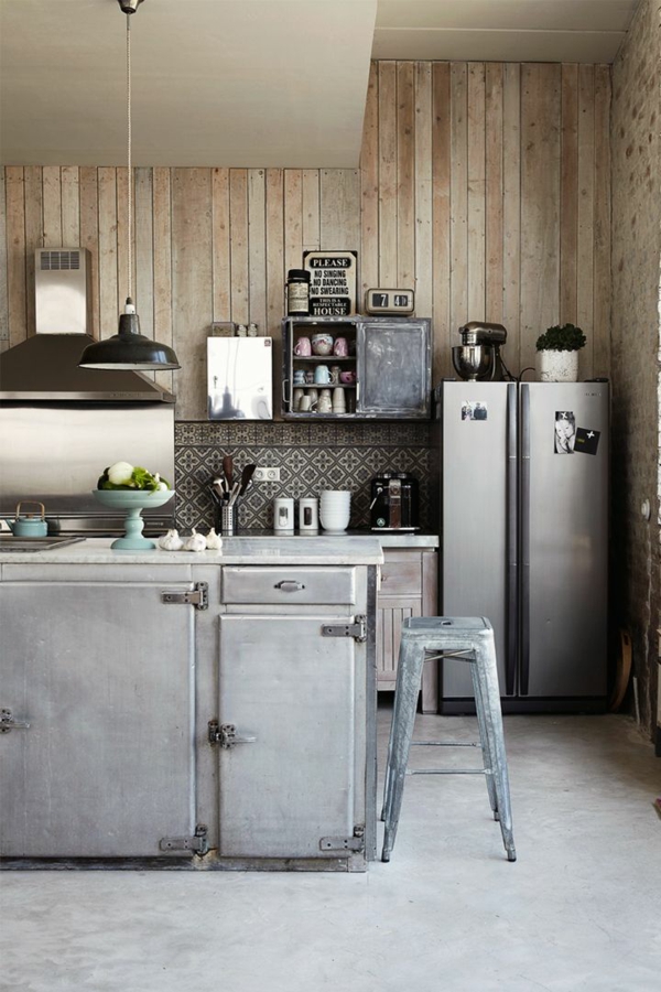 diseño de pared de cocina paneles de madera pared de ladrillo isla de cocina gris