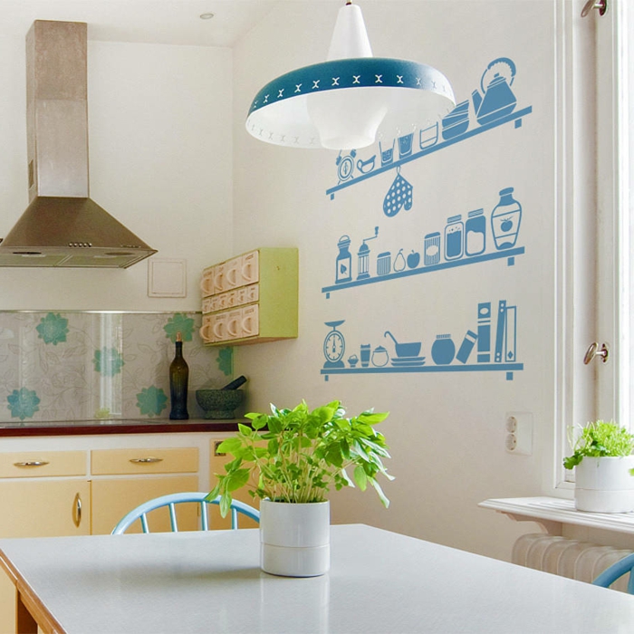 τοίχο κουζίνας τοίχο αυτοκόλλητα τοίχου φρέσκα φυτά μπλε καρέκλες