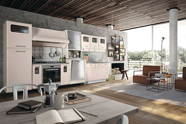 virtuvė darbo vieta pietų stalas su kėdėmis moderni virtuvė retro dizaino virtuvė