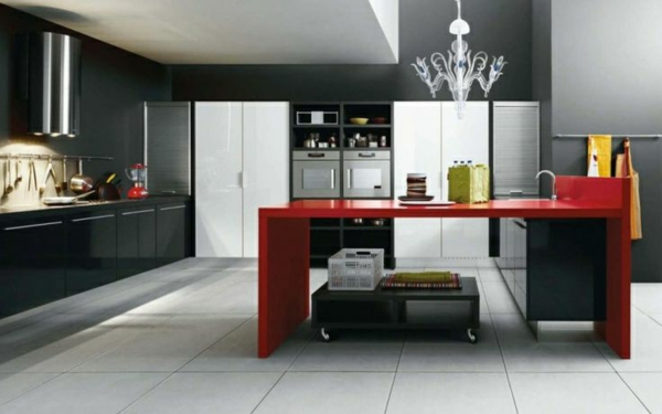 σχεδιασμός κουζίνας χρώμα τοίχων γκρι σύγχρονο κόκκινο τραπέζι