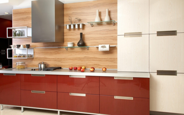 κουζίνες σχεδιασμού κουζίνας τοίχο ξύλινη υφή κόκκινο κουζινικά κουζίνα ανοιχτά ράφια