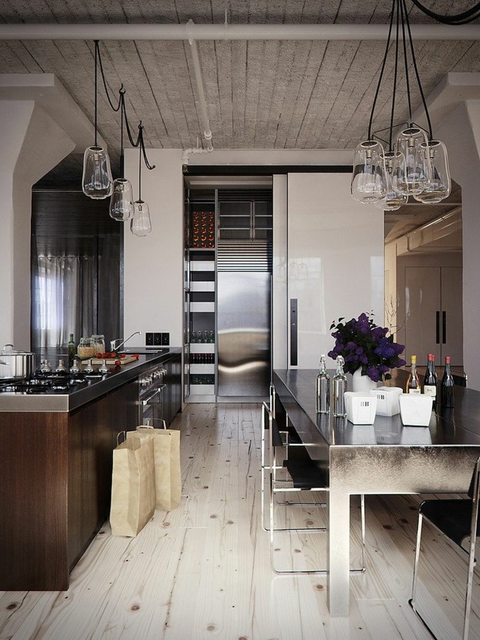 kuchyňské nápady design dřevěné podlahy průmyslové závěsné světla