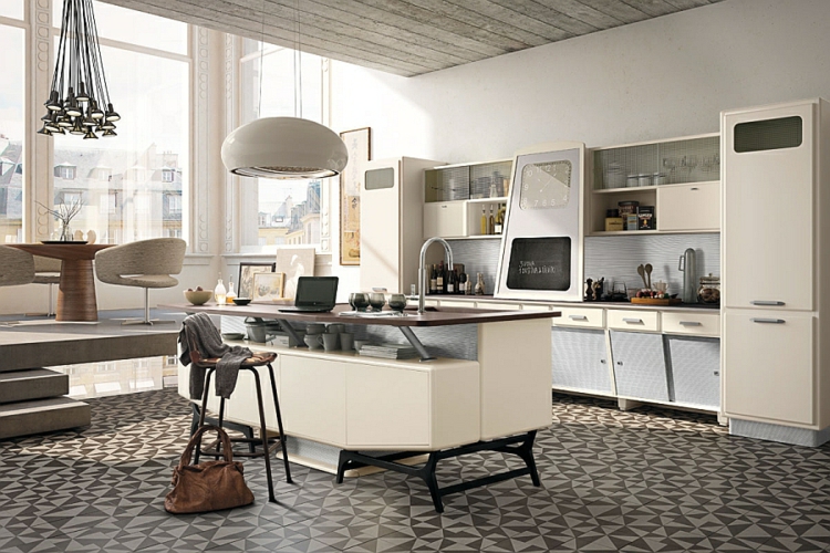 Virtuvės idėjos Virtuvės salė Retro 1950 m. Stiliaus linoleumo grindų dizainerio pakabos žibintai