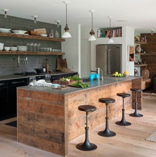 kuchyňské ostrovy dřevěné desky police kuchyně zadní stěna stolička