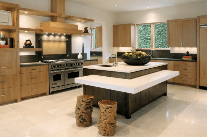 virtuvės sala su darbiniu paviršiumi ir sėdimoji vietove moderni virtuvė sala