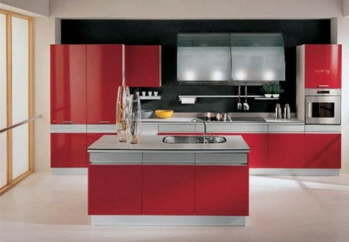 kitchen island with sink in coral red