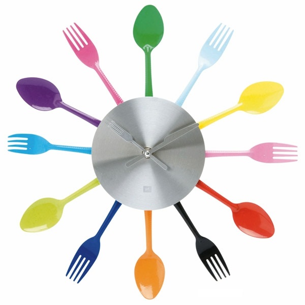 ceasuri de bucătărie moderne ceasuri de perete decorațiuni de perete idei lingură furculiță colorate
