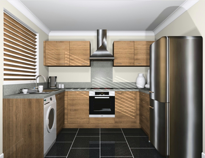 køleskabe stilfuldt design sorte gulvfliser lille køkken