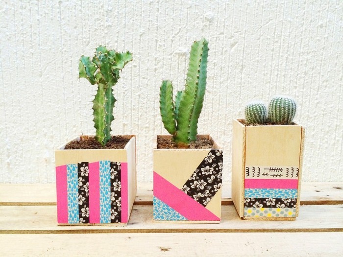 décorer des pots de bois de cactus eux-mêmes avec du ruban washi