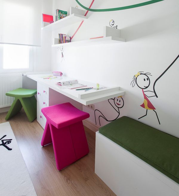 Детски бюро дизайн вграден стена табуретка розово зелено