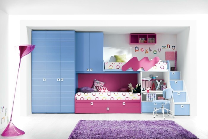 Armario de cama alta para niños Arreglo de habitación de moqueta púrpura