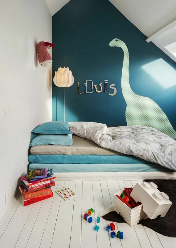 детски декор идеи момчета стая килим динозавър