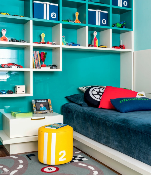 children's room for boys bed wall shelves wall paint turquoise bedside table
