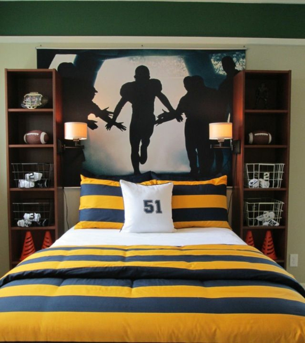 children's room for boys bed wall shelves wall design sports youth room
