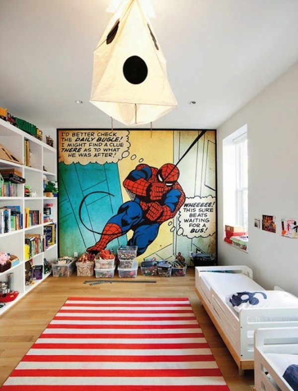 nursery design bed runner wall design spiderman comic book open wall shelf