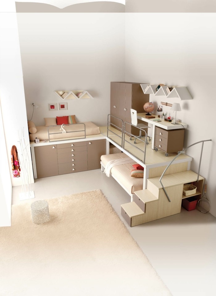 children's room high bed beige drawers light carpet
