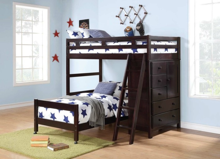 kids room high bed brown bedding stars green carpet wall decoration