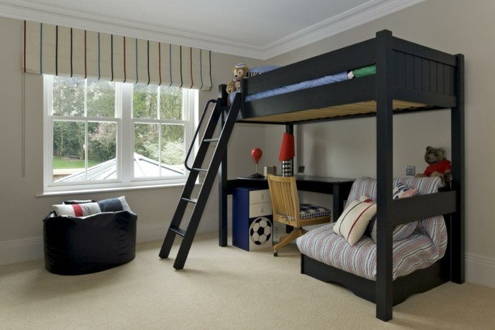 children's room loft bed boy's room design bright carpet grand piano