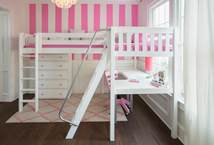 kids room loft bed girl wall design stripes chandelier carpet