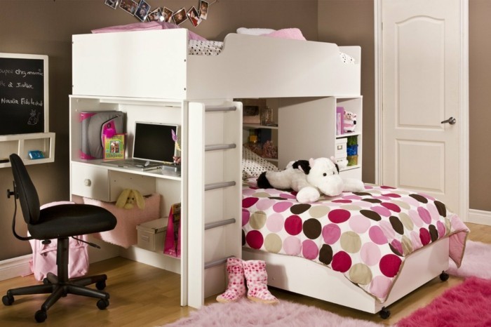children's room loft bed desk pink rugs girl's room ideas