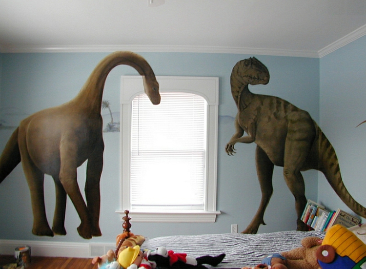 niños habitación chico pared pintura azul pared tatuaje dinosaurio