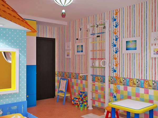 Guardería completa decoración de paredes cuadrados y rayas de colores