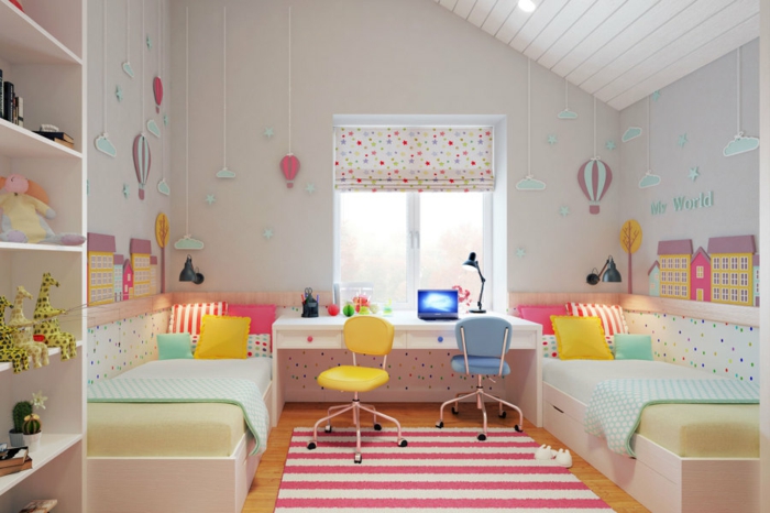 children's room with pitched bedside desk desk chairs window blinds wall decoration air balloon