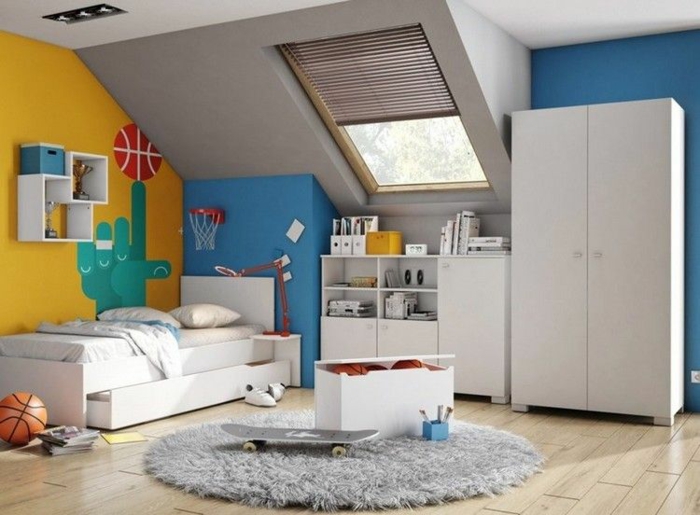 children's room with sloping accent wall wall shelves round high pile carpet gray