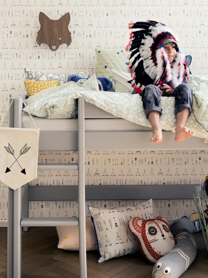 dětský pokoj skandinávský nábytek vysoká postel dětské povlečení lůžkoviny lůžko živé