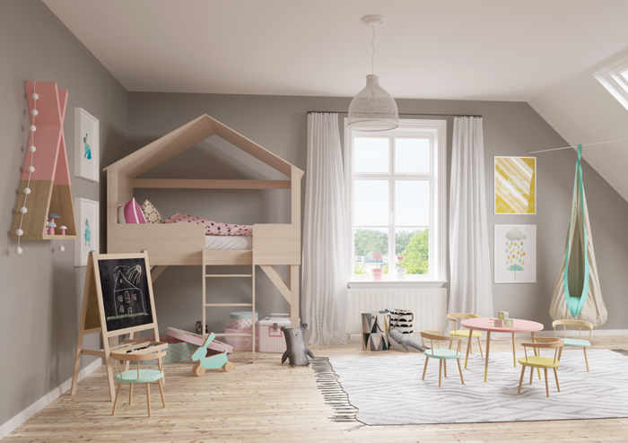 lastenhuone Scandinavian sisustus pyöreät tuolit lasten matto