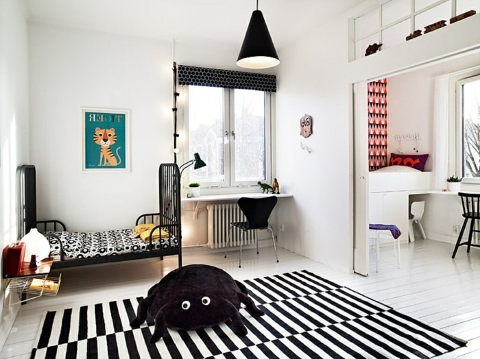 dětská místnost skandinávská kovová postel černá pruhovaný koberec