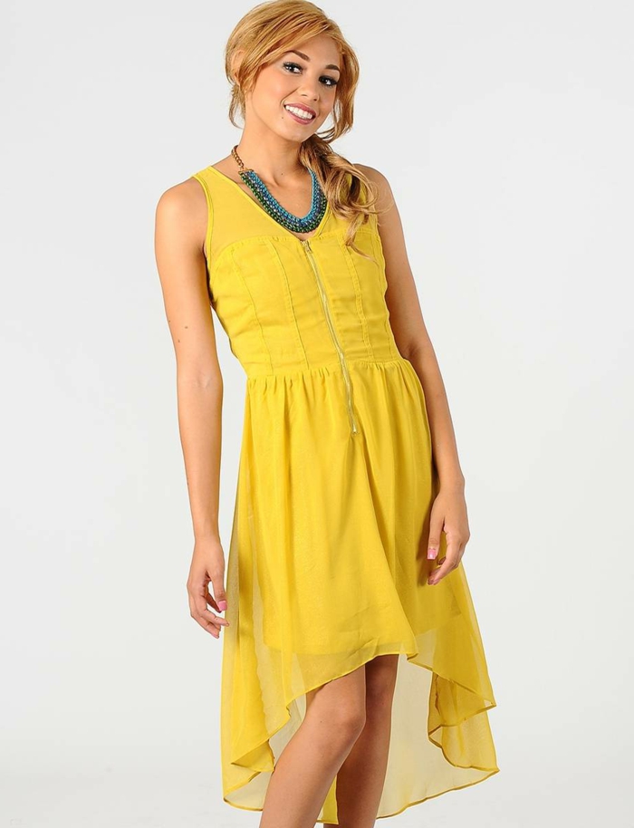 فستان أصفر الشيفون أزياء المرأة متوسطة طويلة
