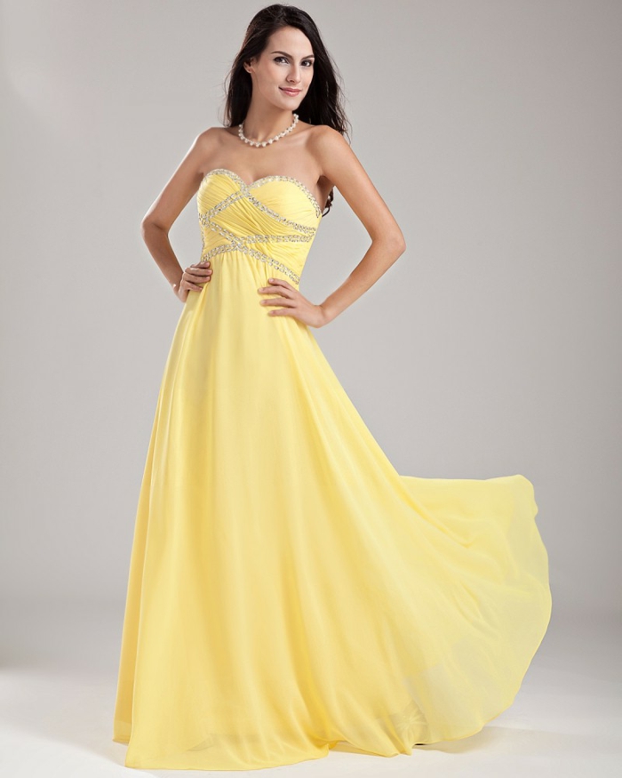 jurk gele lange model chiffon elegante gelegenheid