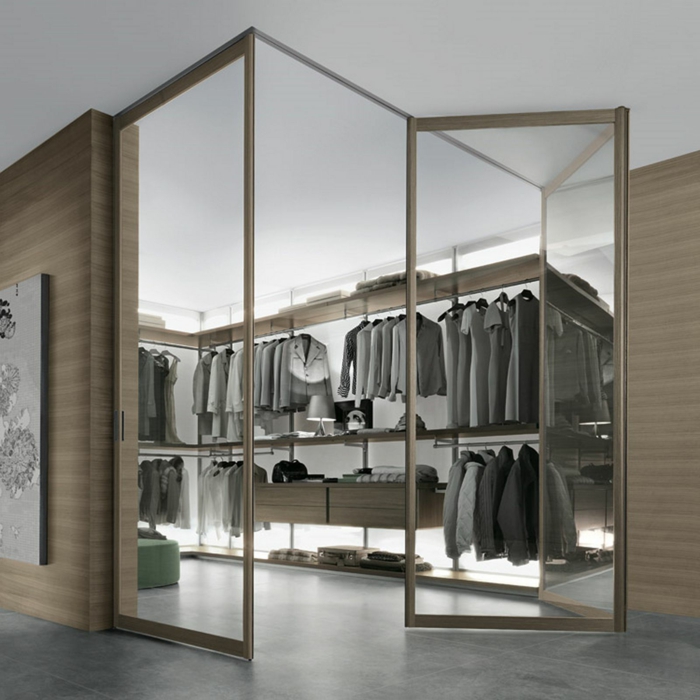 خزانة الملابس تصميم خزانة مفتوحة الأبواب الزجاجية الإضاءة