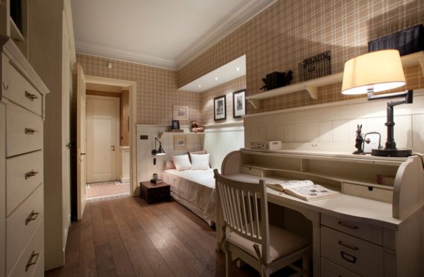 pequeño dormitorio con estilo retro en beige y tenue luz