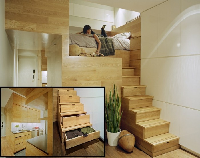 μικρό διαμέρισμα επιπλωμένο με ένα δωμάτιο υπνοδωμάτιο υψηλός-υποστηρίζεται ξύλινη σκάλα σκάλα