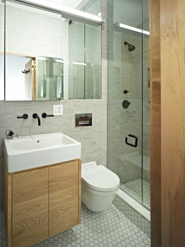 малка баня плочки душ баня дизайн модерни идеи баня мебели от дърво