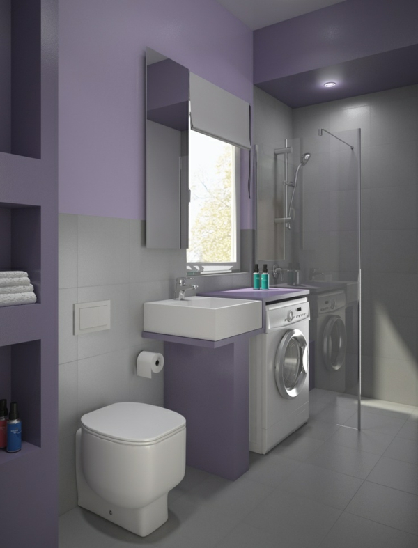 pequeña lavadora de moda de baño pintura de pared púrpura pequeñas ideas de baño