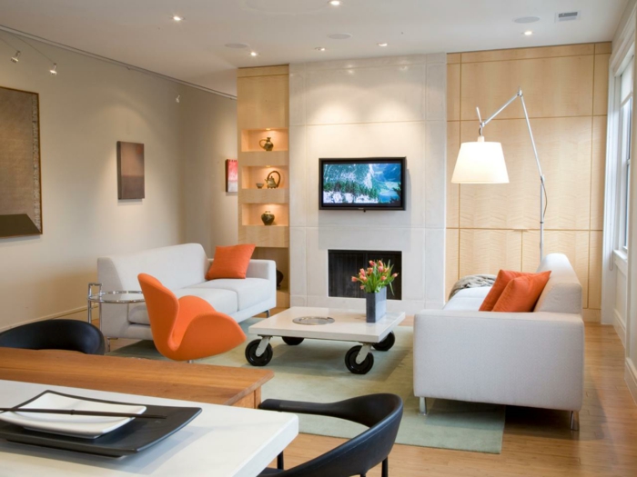 lille stue sæt indbyggede garderobeskabe væghylde sofabord designer møbler